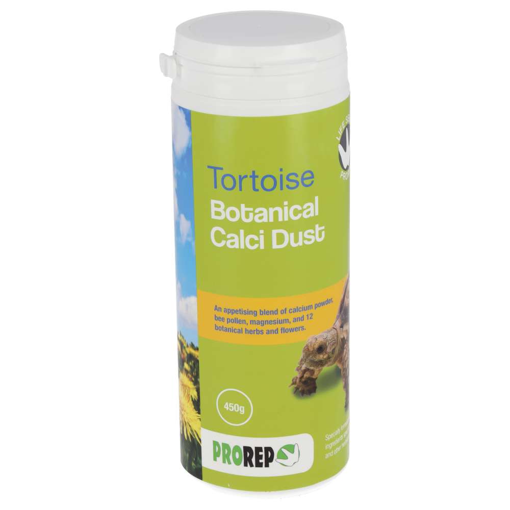 ProRep Tortoise Life Botanical Calci Dust 450g offers a large, convenient pack of natural calcium supplement for tortoises and other herbivorous reptiles. Enriched with magnesium, bee pollen, and 12 botanicals, it provides essential calcium and encourages feeding response, making it ideal for daily supplementation on vegetables, fruits, and plants. Supports strong shells, healthy bones, and overall vitality.