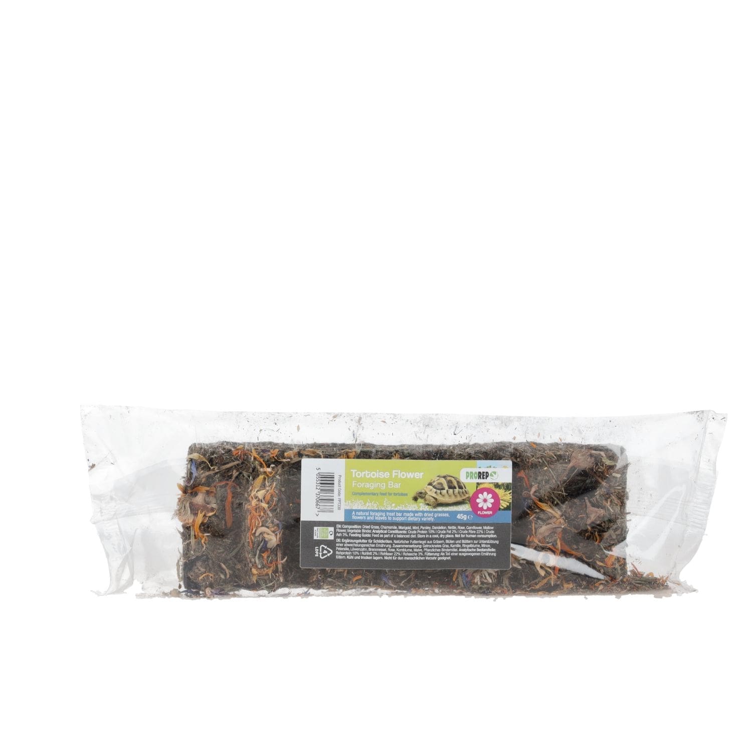 The ProRep Tortoise Flower Foraging Bar 45g is a natural complementary feed for tortoises, made with dried grasses, flowers and leaves